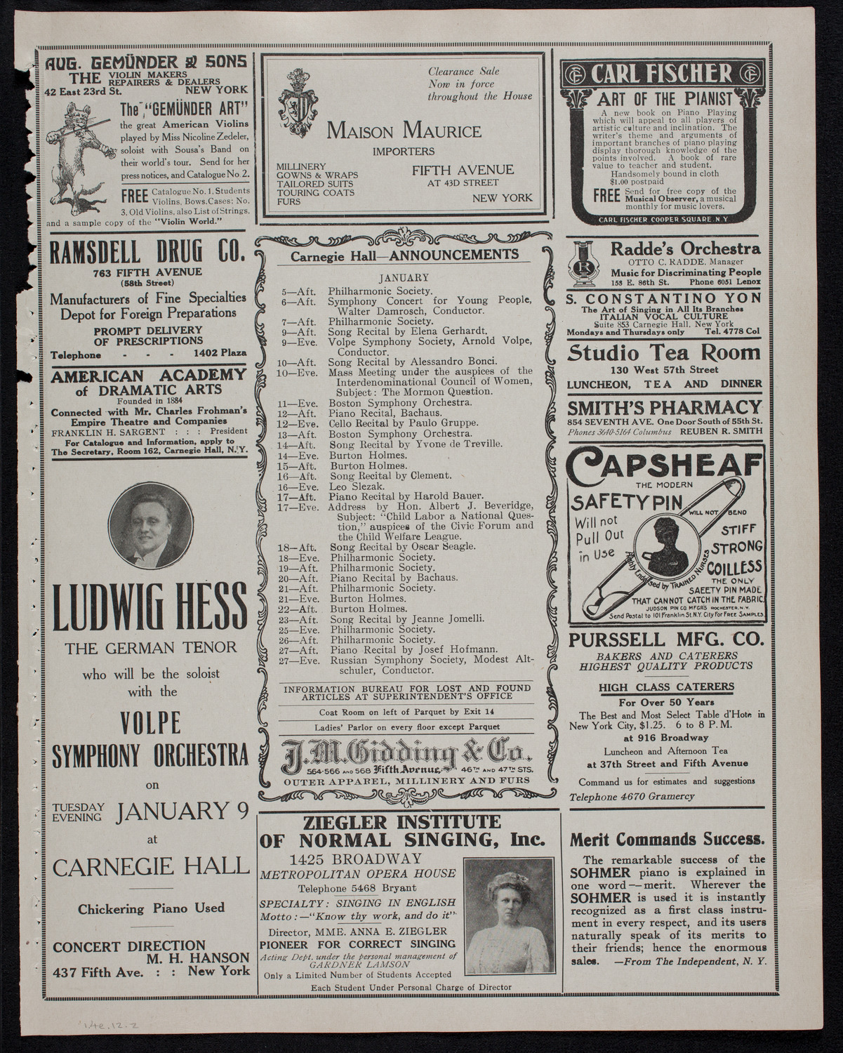 New York Philharmonic, January 4, 1912, program page 3