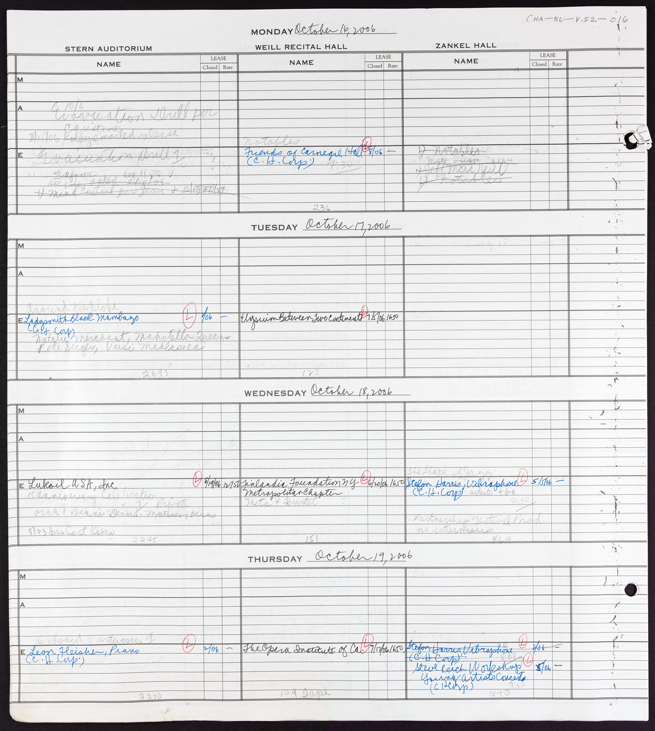 Carnegie Hall Booking Ledger, volume 52, page 16