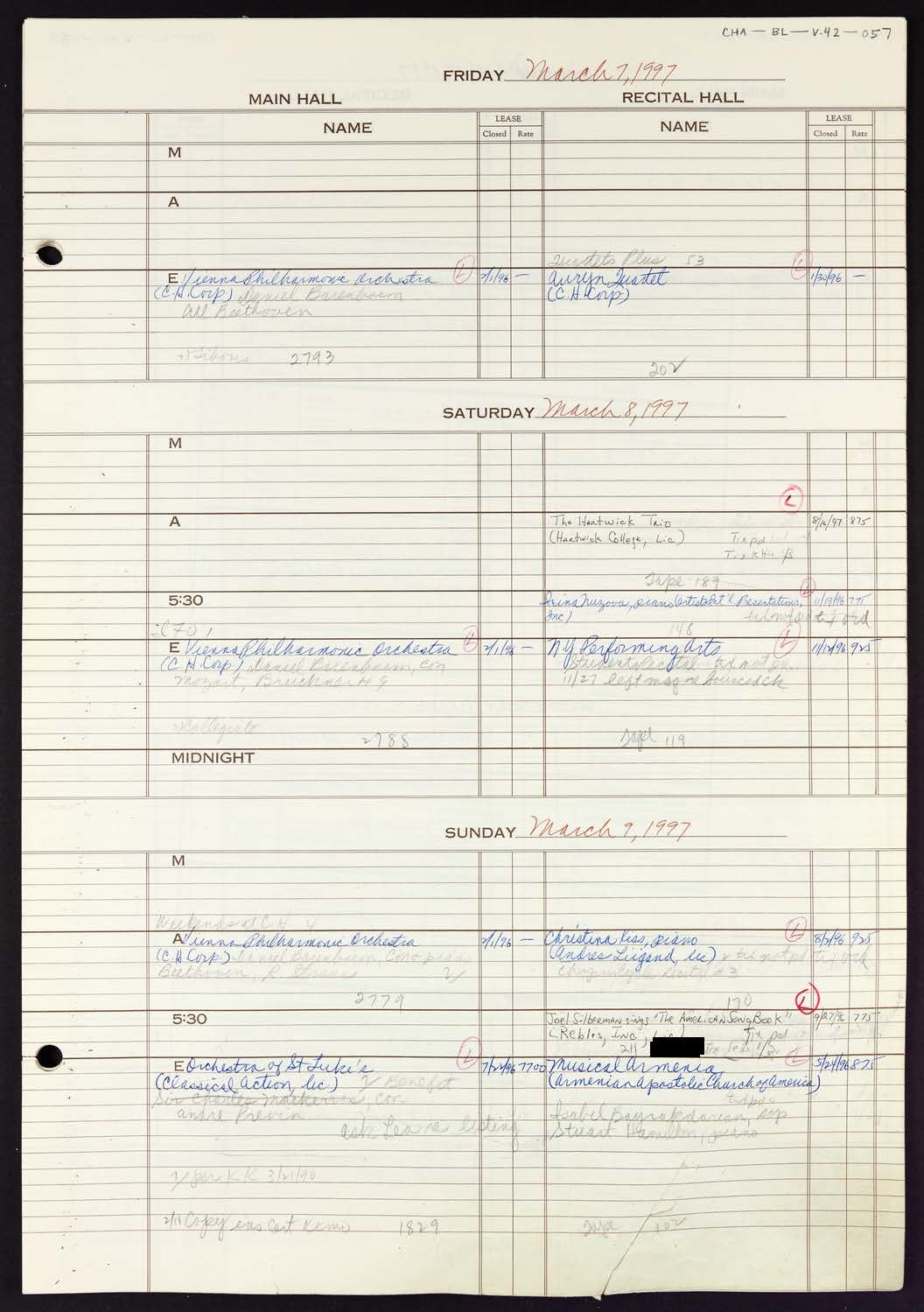 Carnegie Hall Booking Ledger, volume 42, page 57