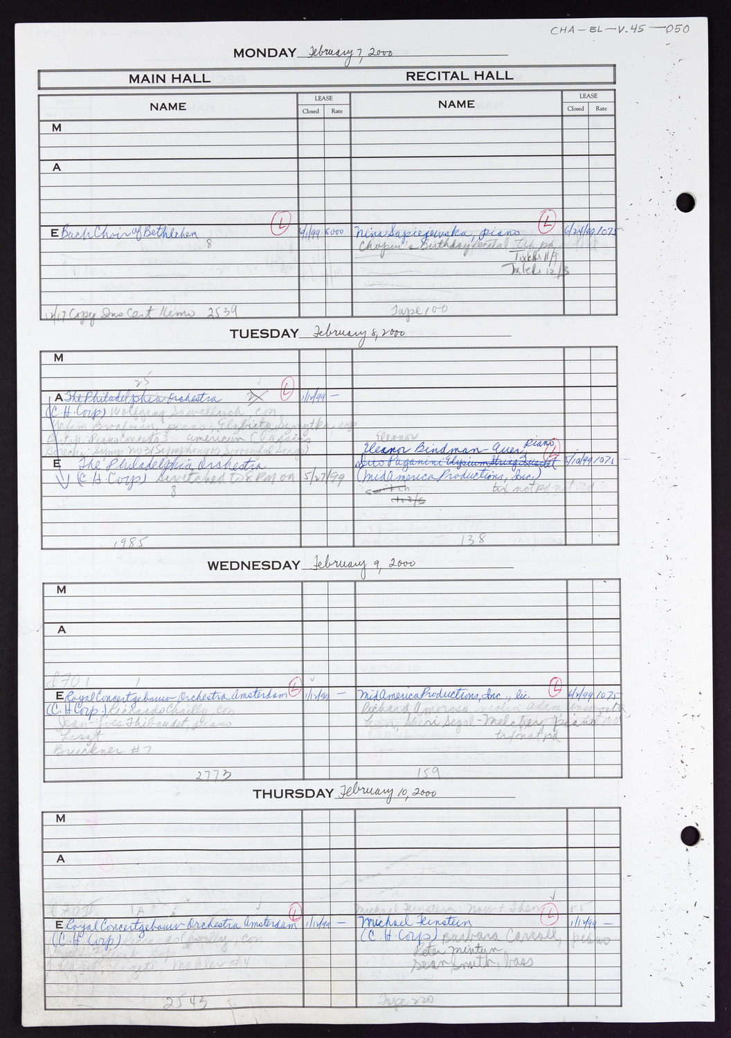 Carnegie Hall Booking Ledger, volume 45, page 50