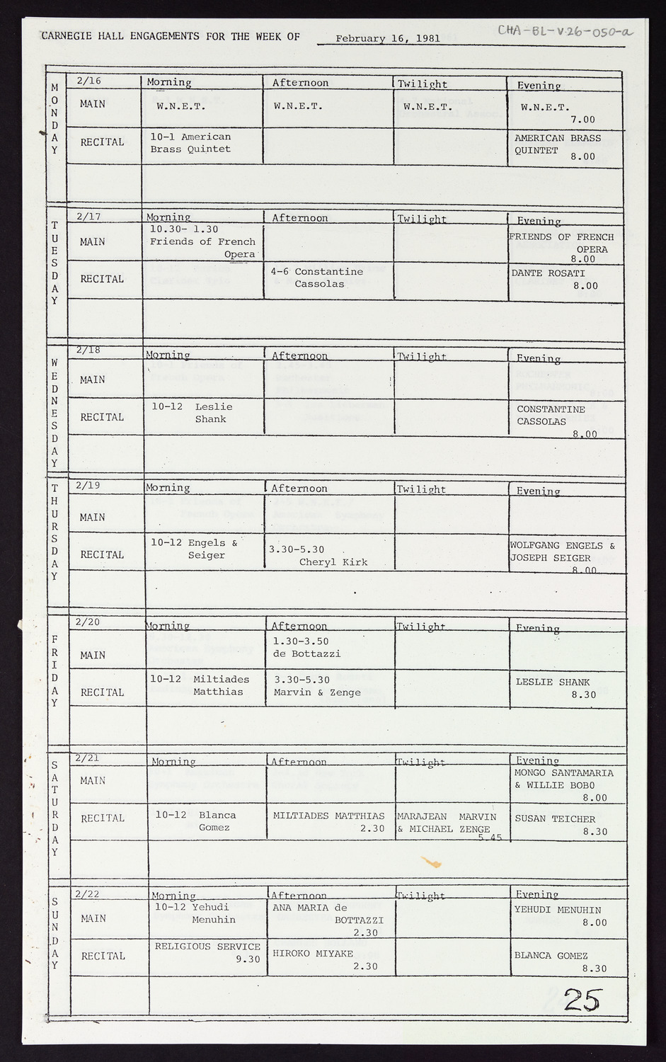 Carnegie Hall Booking Ledger, volume 26, page 50a