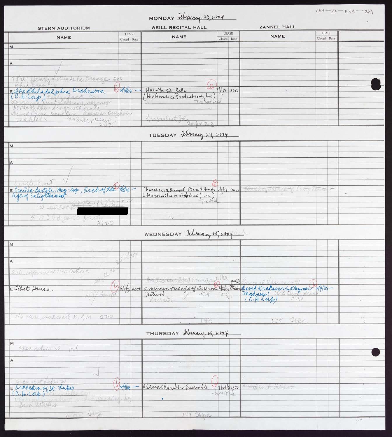 Carnegie Hall Booking Ledger, volume 49, page 54