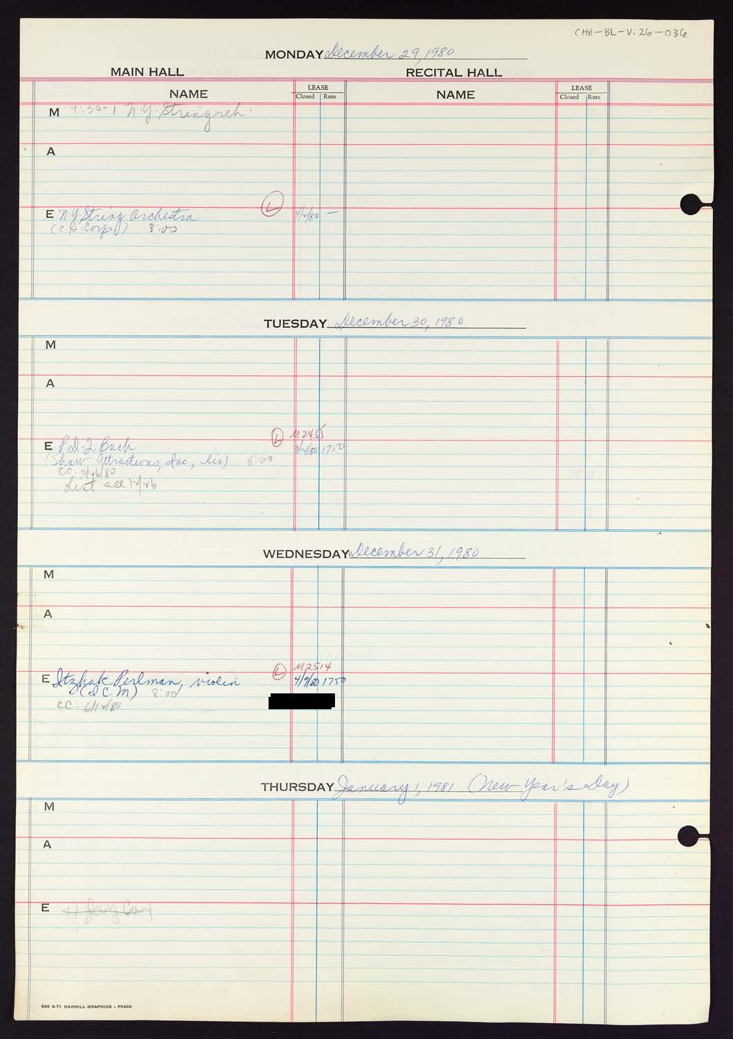 Carnegie Hall Booking Ledger, volume 26, page 36