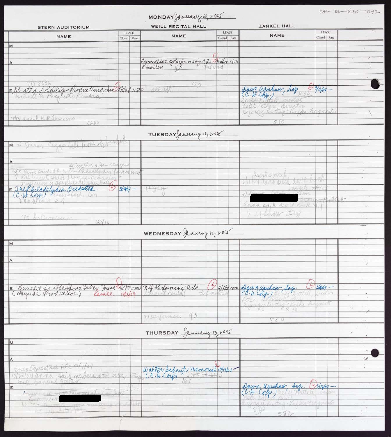 Carnegie Hall Booking Ledger, volume 50, page 42