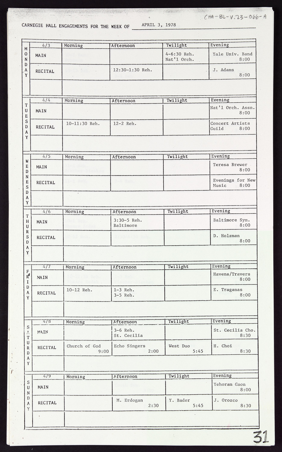 Carnegie Hall Booking Ledger, volume 23, page 66a