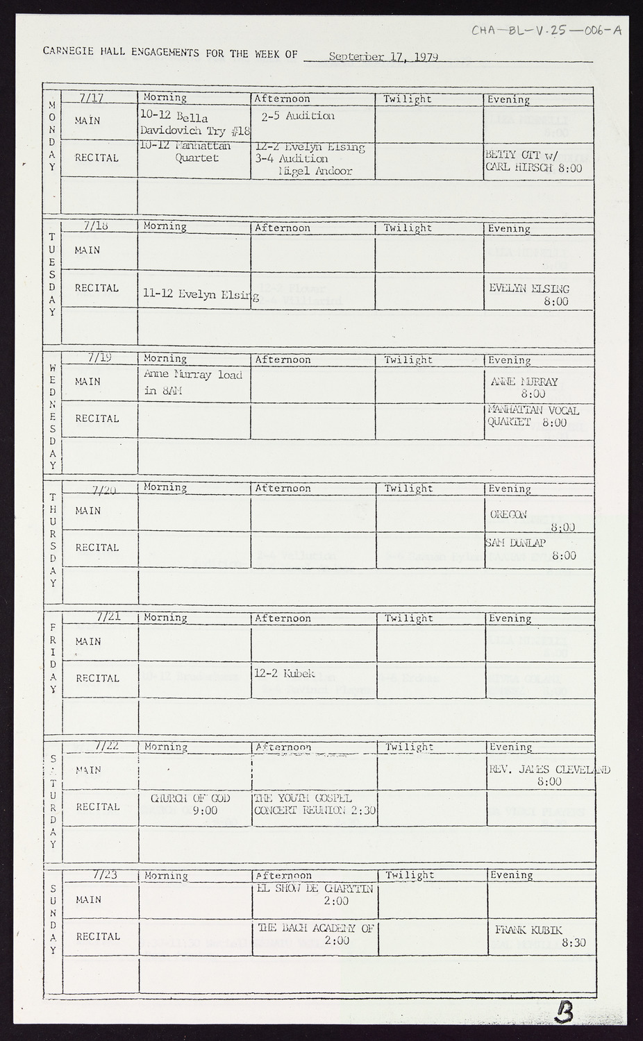 Carnegie Hall Booking Ledger, volume 25, page 6a