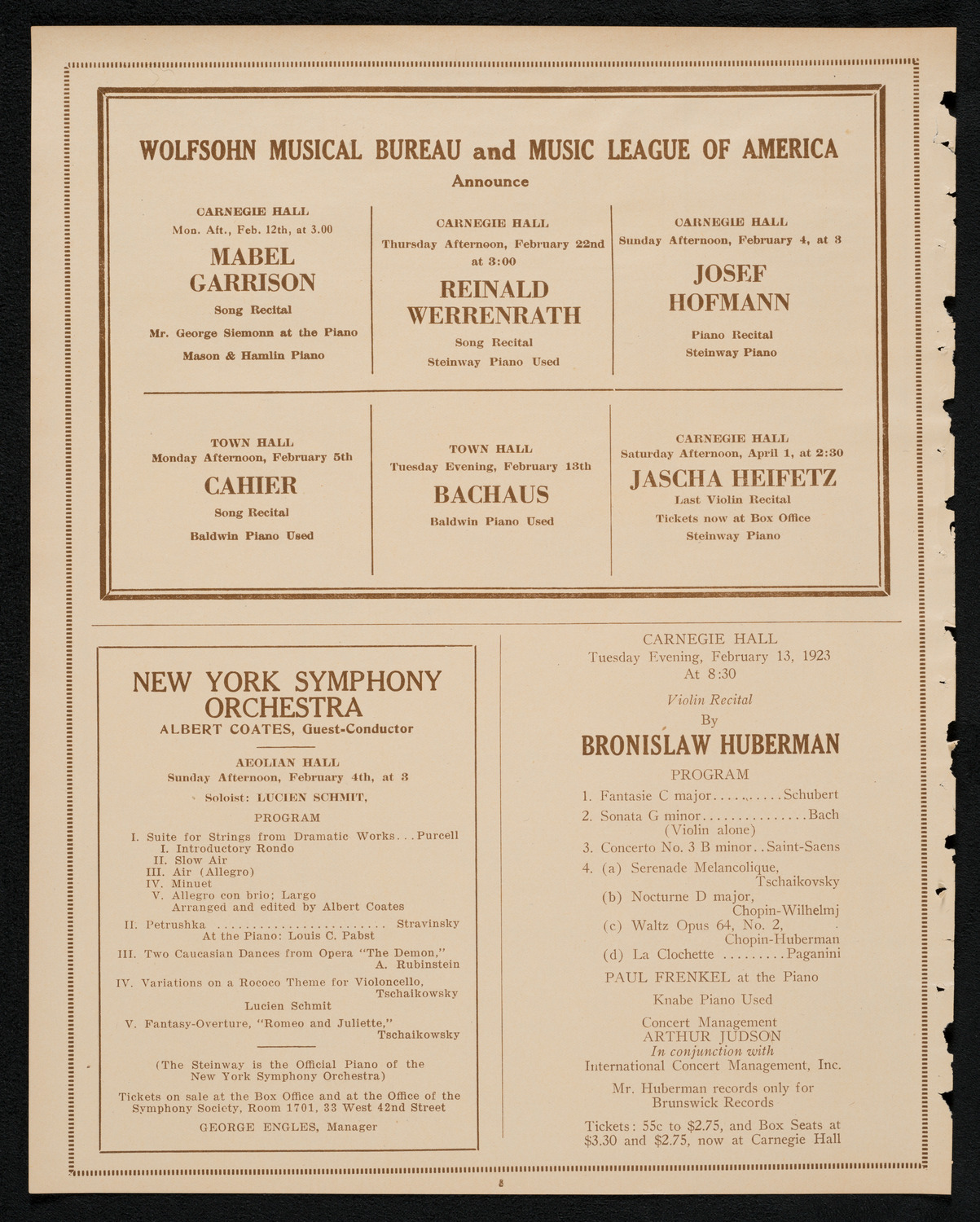 Society of the Friends of Music, January 31, 1923, program page 8