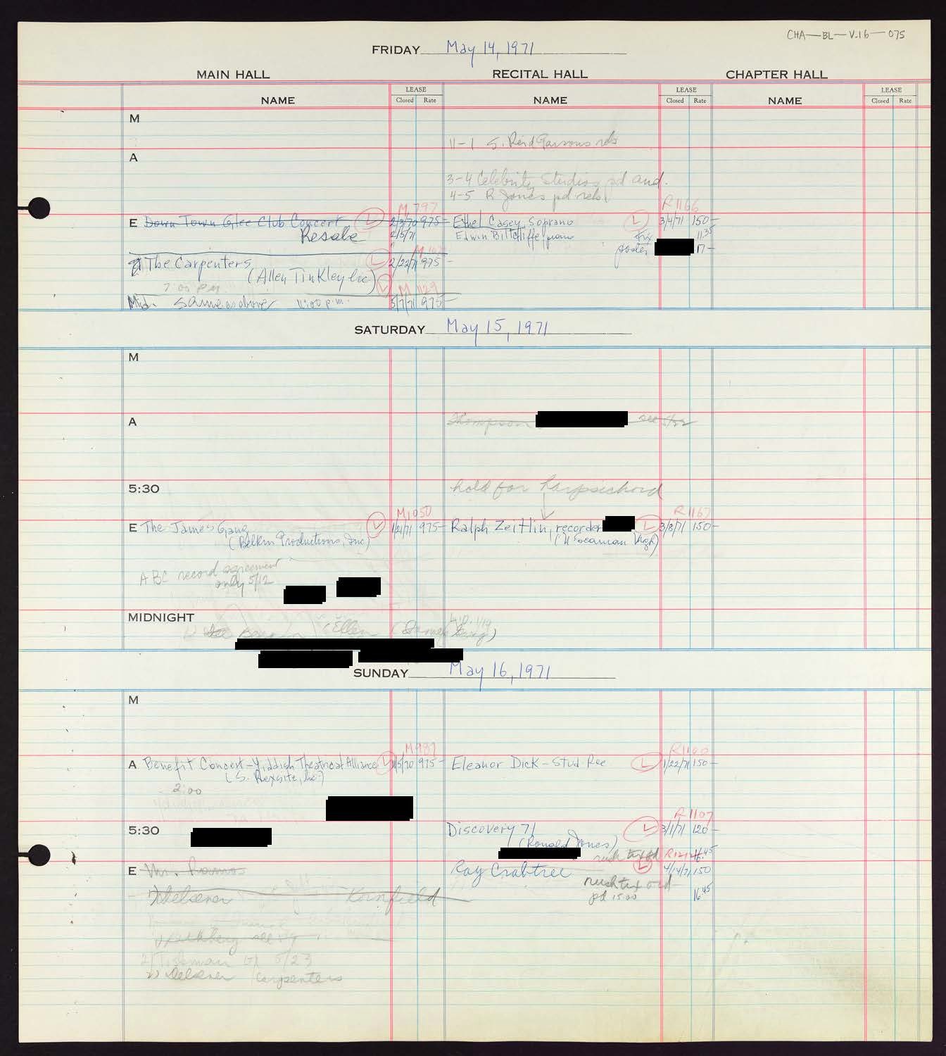 Carnegie Hall Booking Ledger, volume 16, page 75