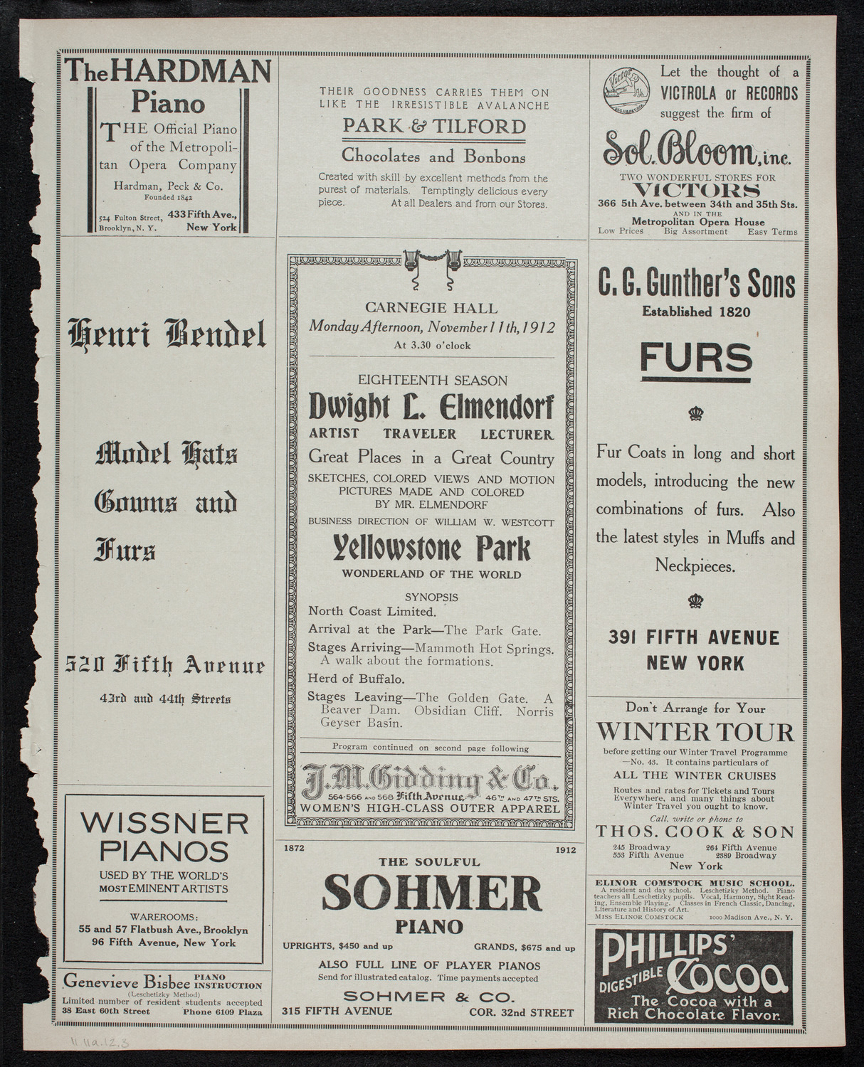 Elmendorf Lecture: Yellowstone Park, November 11, 1912, program page 5