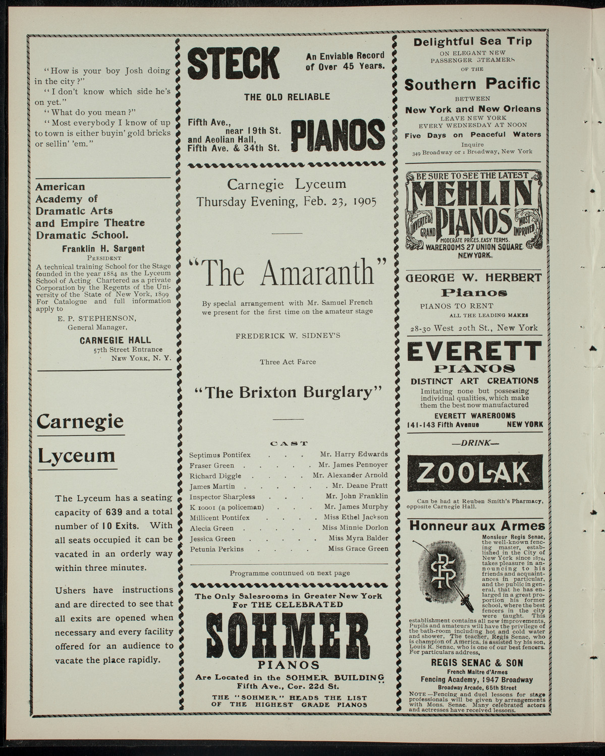 The Amaranth Dramatic Society, February 23, 1905, program page 2