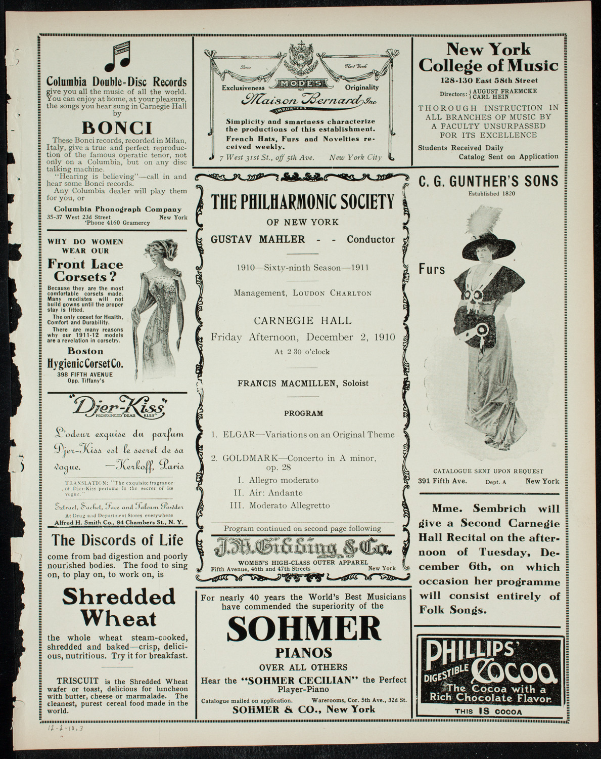 New York Philharmonic, December 2, 1910, program page 5