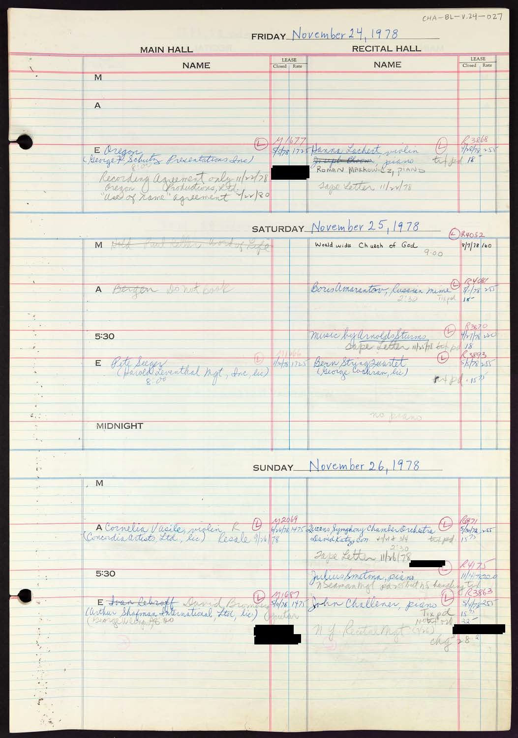 Carnegie Hall Booking Ledger, volume 24, page 27