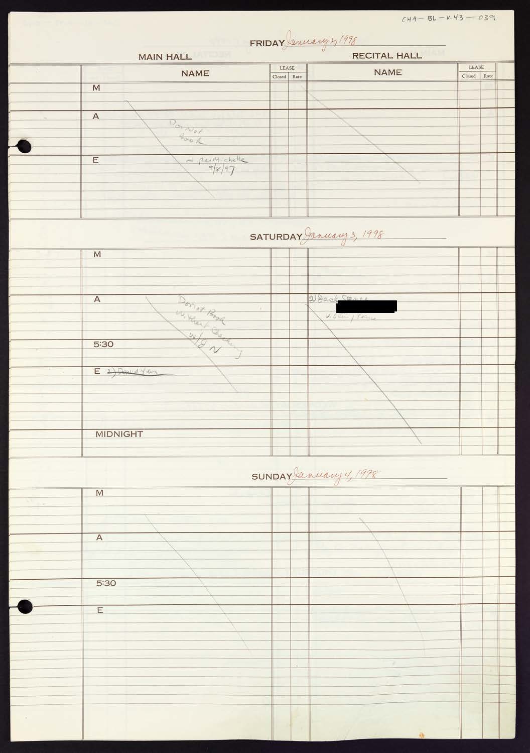 Carnegie Hall Booking Ledger, volume 43, page 39