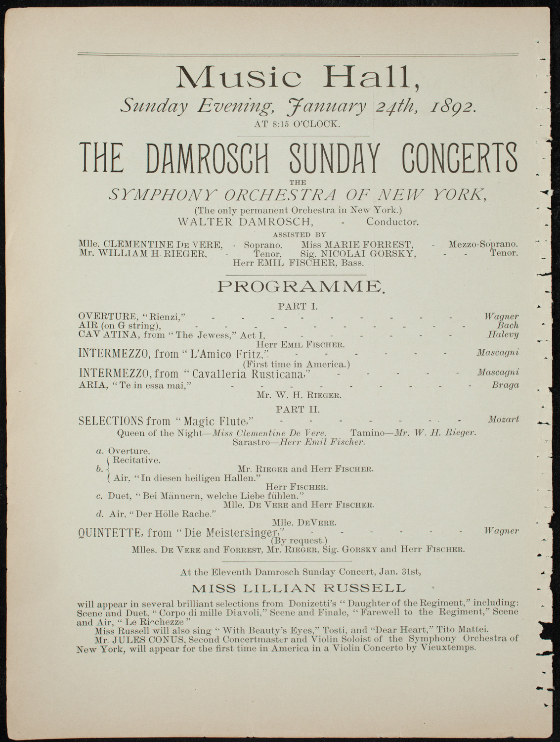 Damrosch Sunday Concert, January 24, 1892, program page 6
