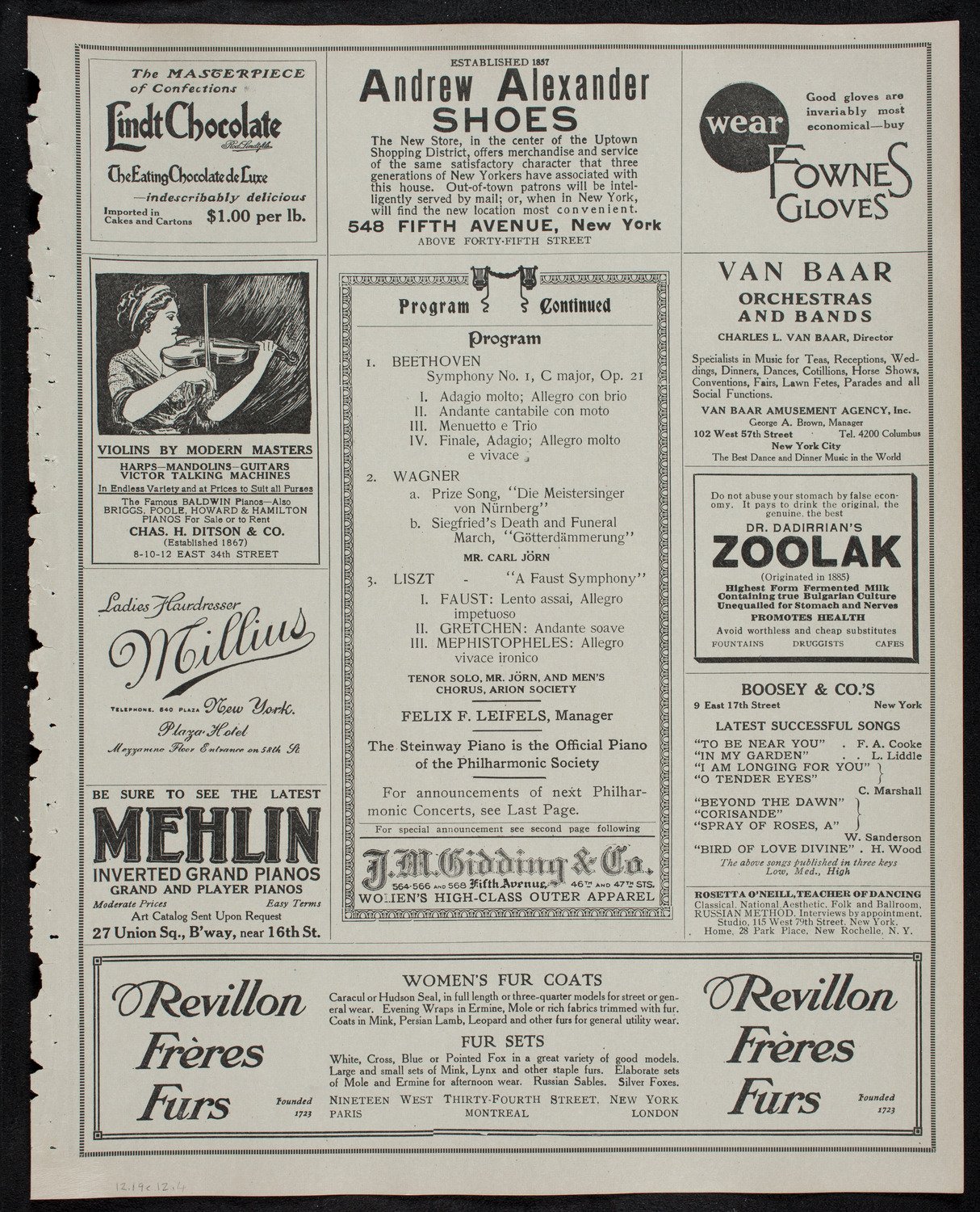 New York Philharmonic, December 19, 1912, program page 7