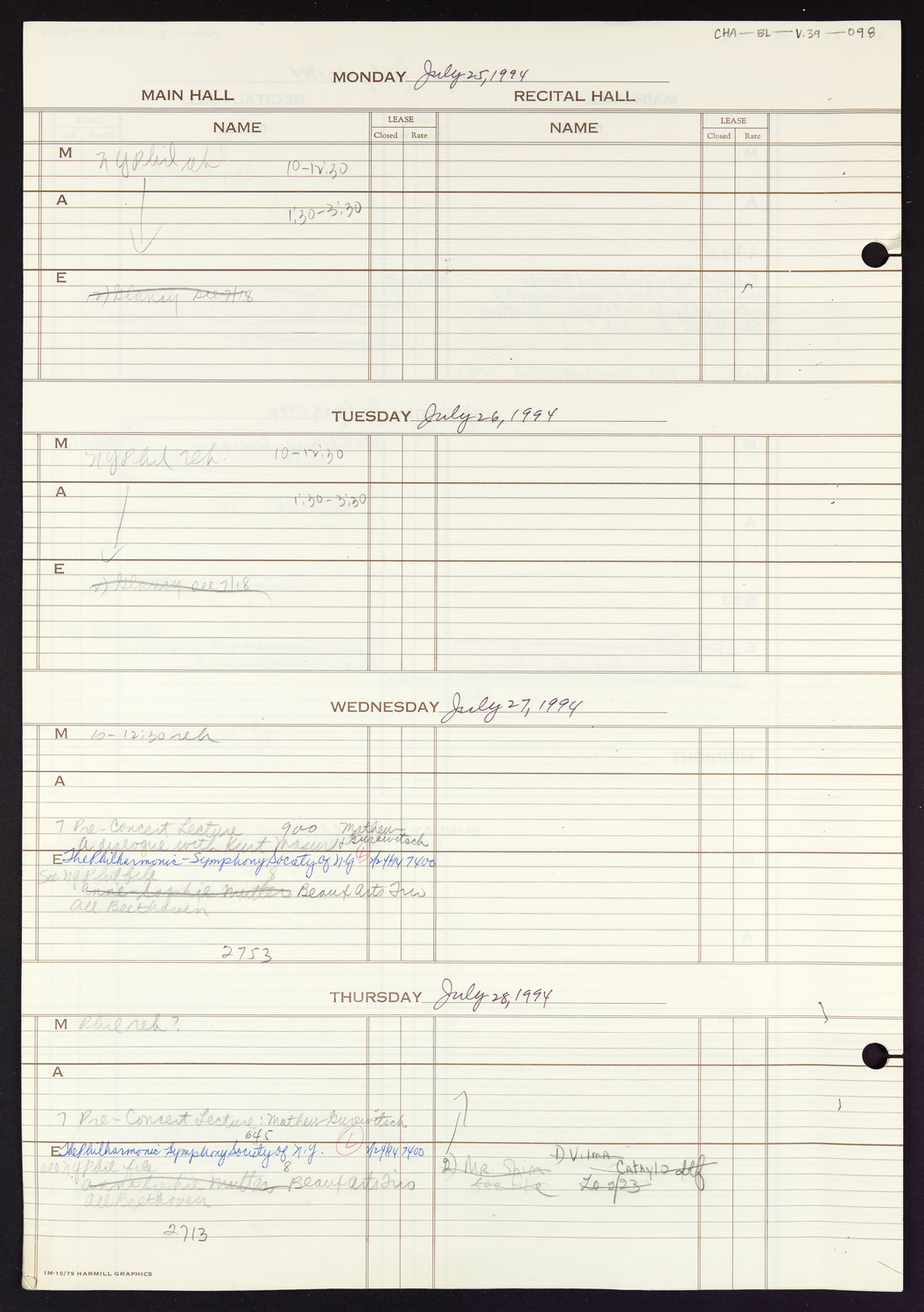 Carnegie Hall Booking Ledger, volume 39, page 98