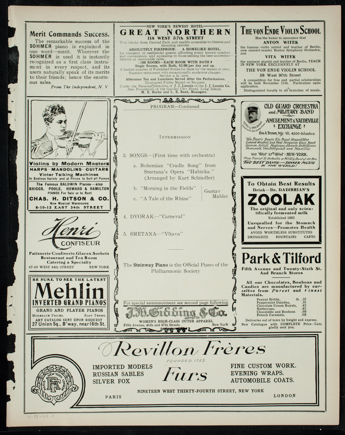 New York Philharmonic, November 22, 1910, program page 7