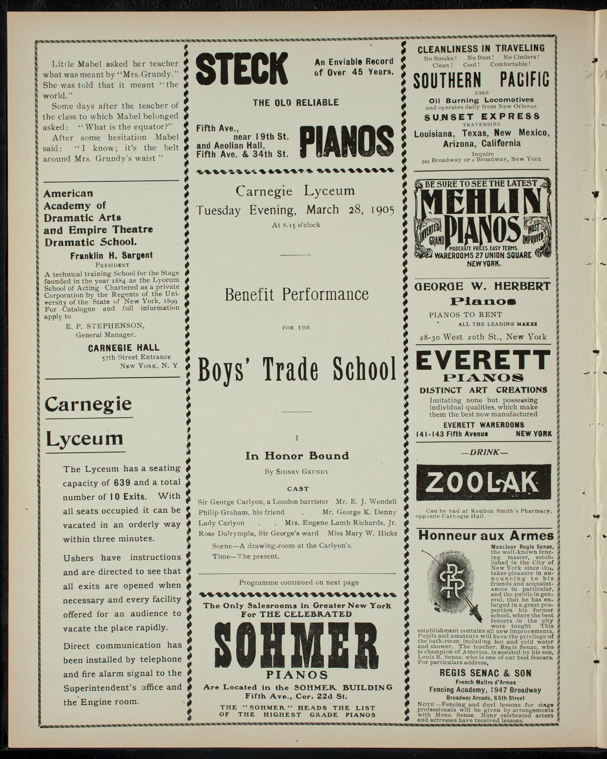 Benefit: Boys' Trade School, March 28, 1905, program page 2