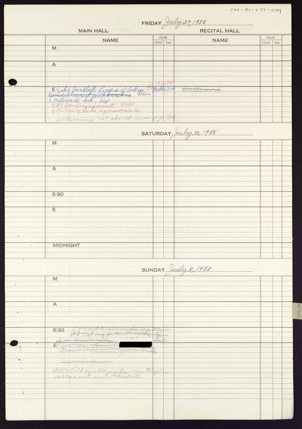 Carnegie Hall Booking Ledger, volume 33, page 99