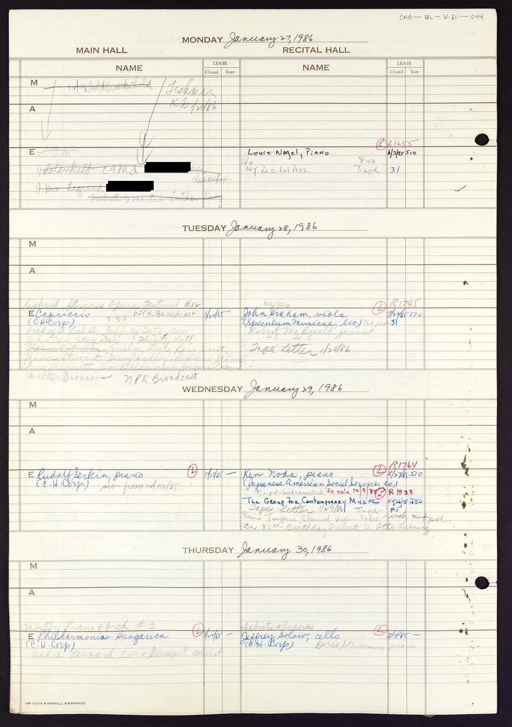 Carnegie Hall Booking Ledger, volume 31, page 44