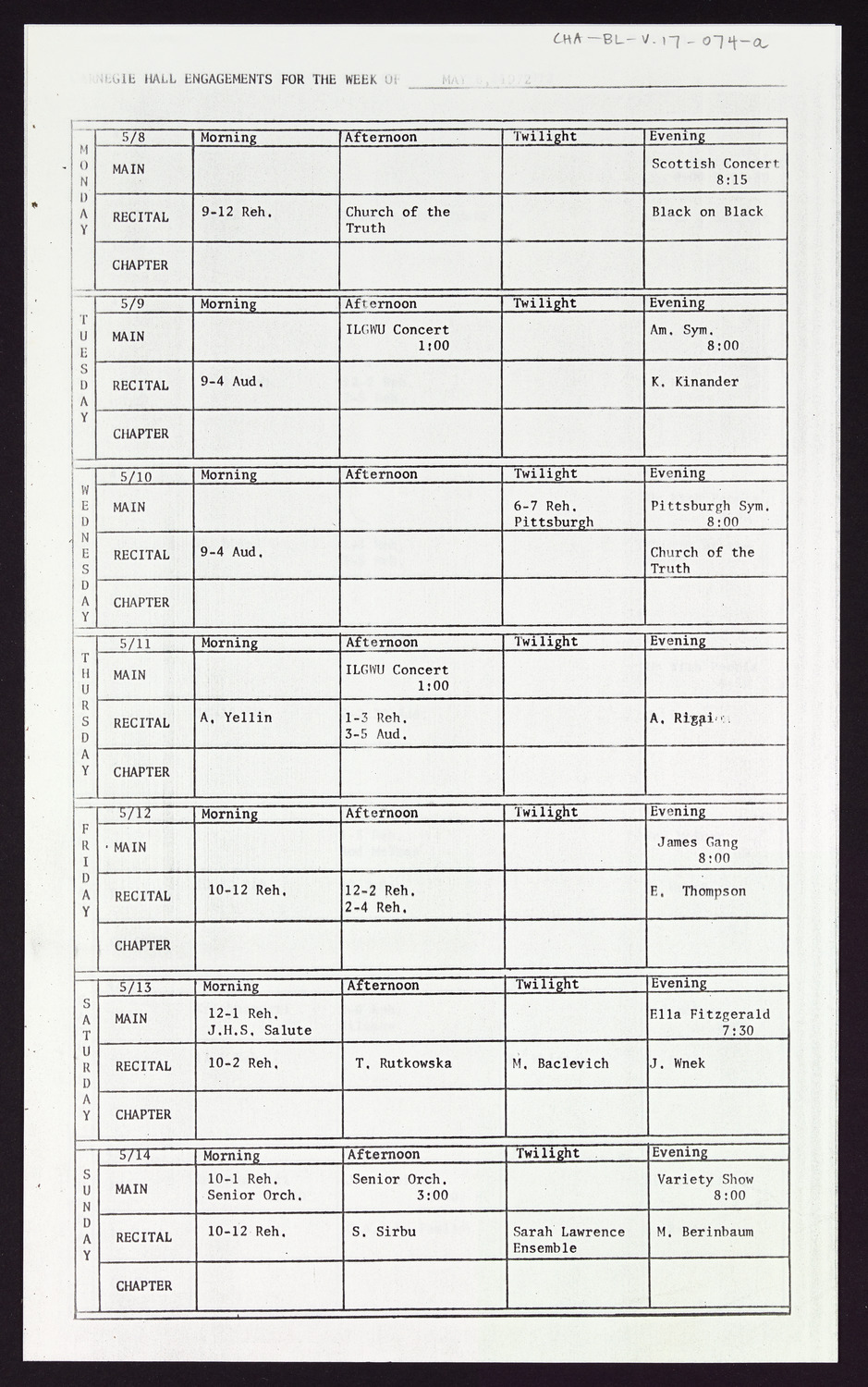 Carnegie Hall Booking Ledger, volume 17, page 74a