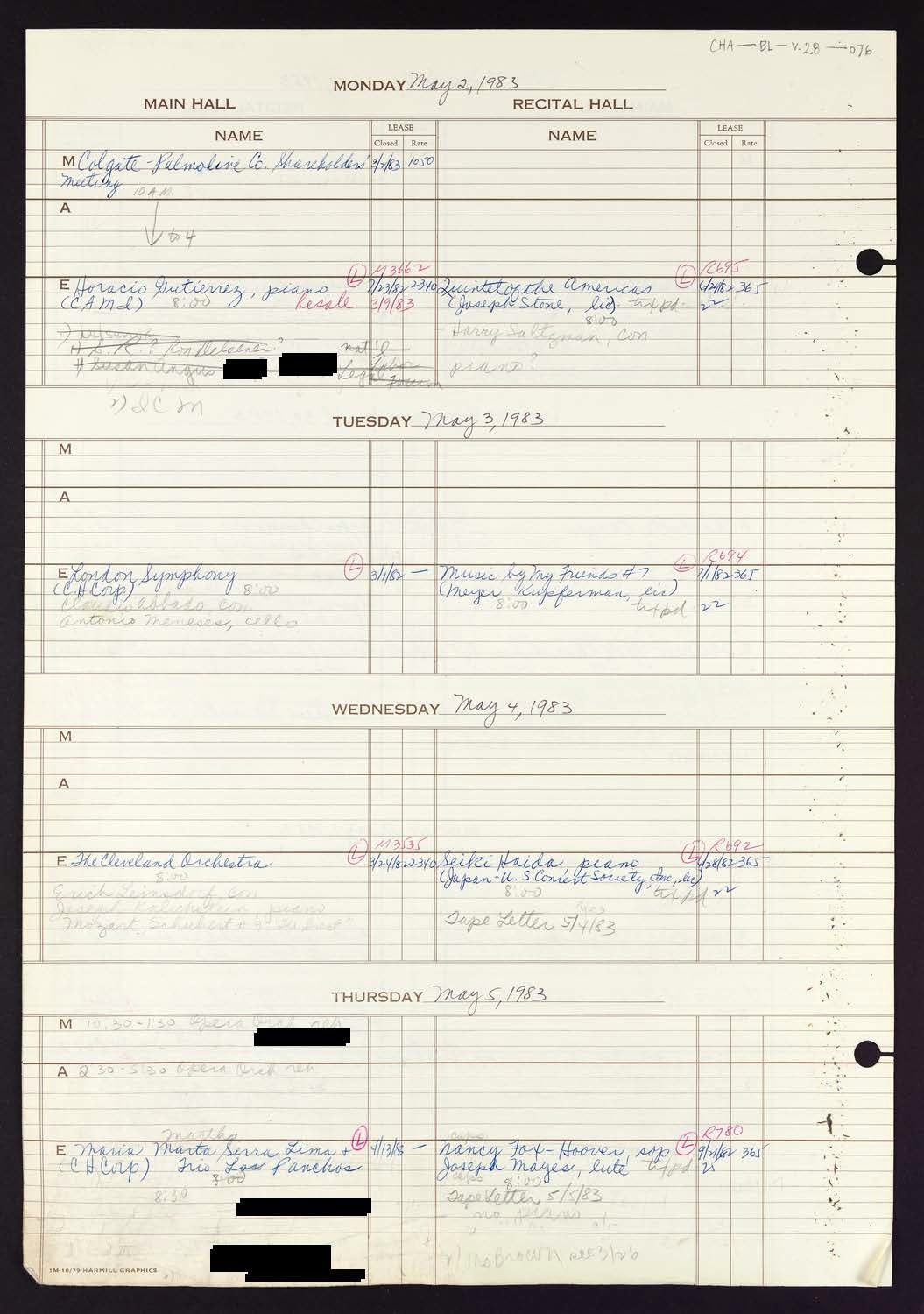 Carnegie Hall Booking Ledger, volume 28, page 76