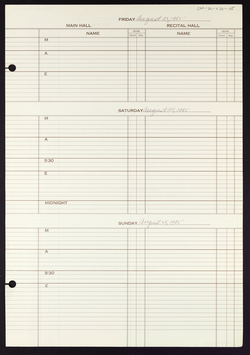 Carnegie Hall Booking Ledger, volume 30, page 105