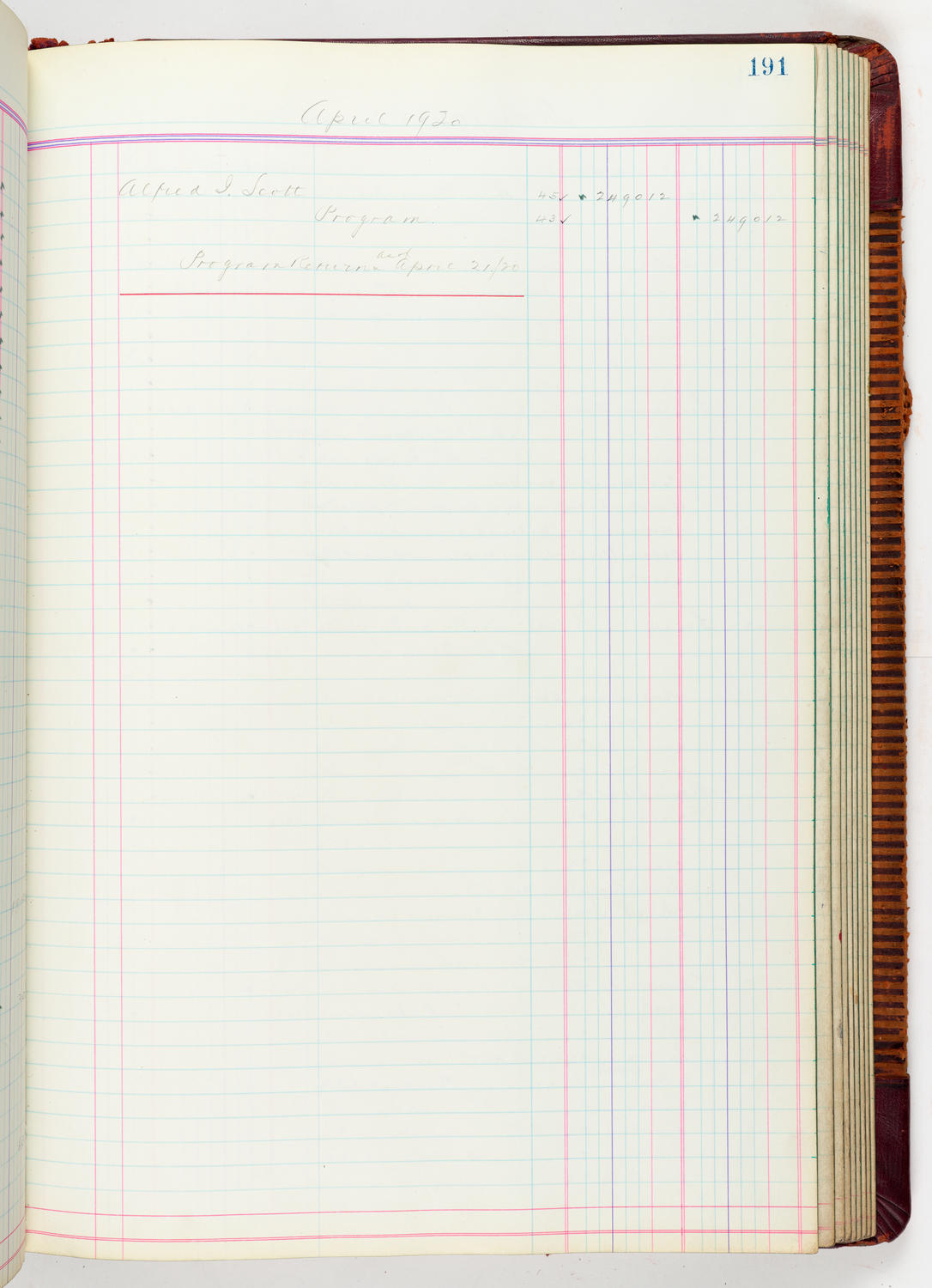 Music Hall Accounting Ledger, volume 5, page 191