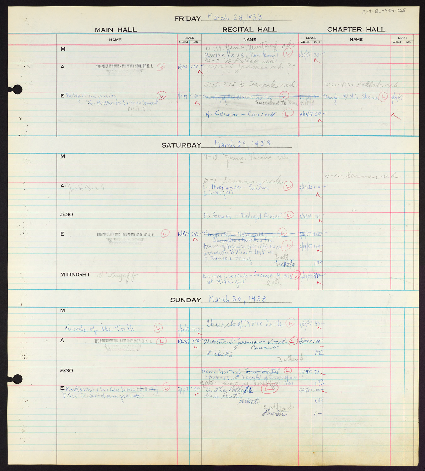 Carnegie Hall Booking Ledger, volume 3, page 55