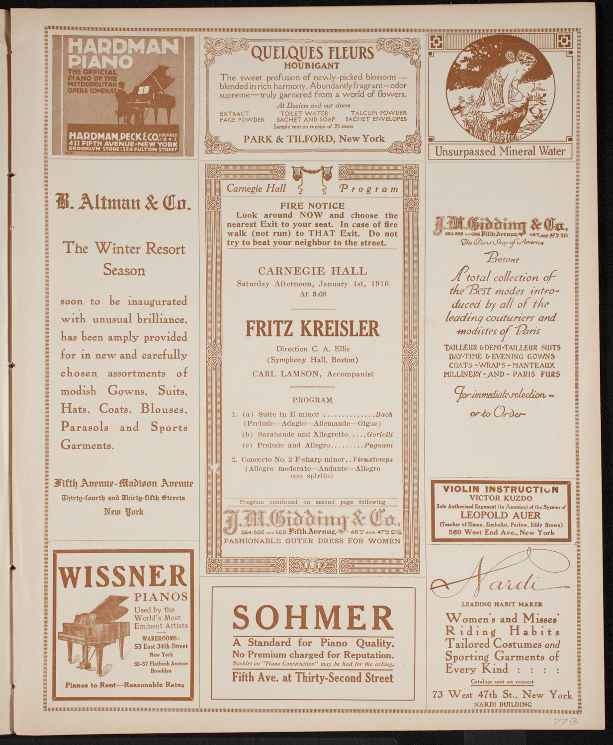 Fritz Kreisler, Violin, January 1, 1916, program page 5