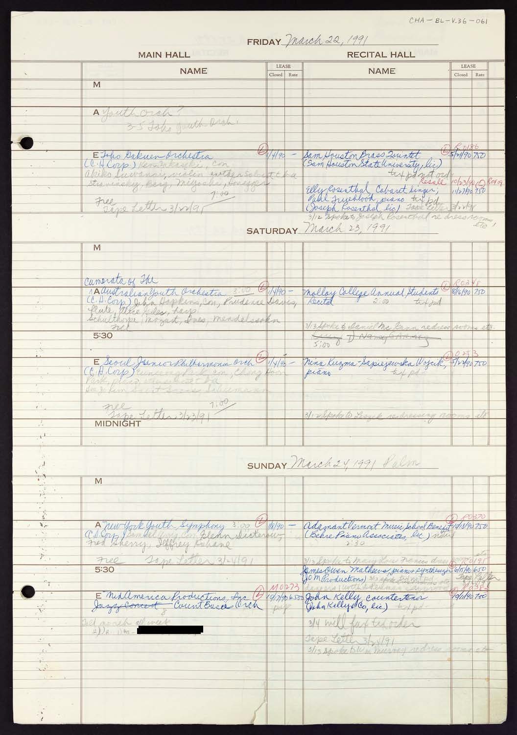 Carnegie Hall Booking Ledger, volume 36, page 61