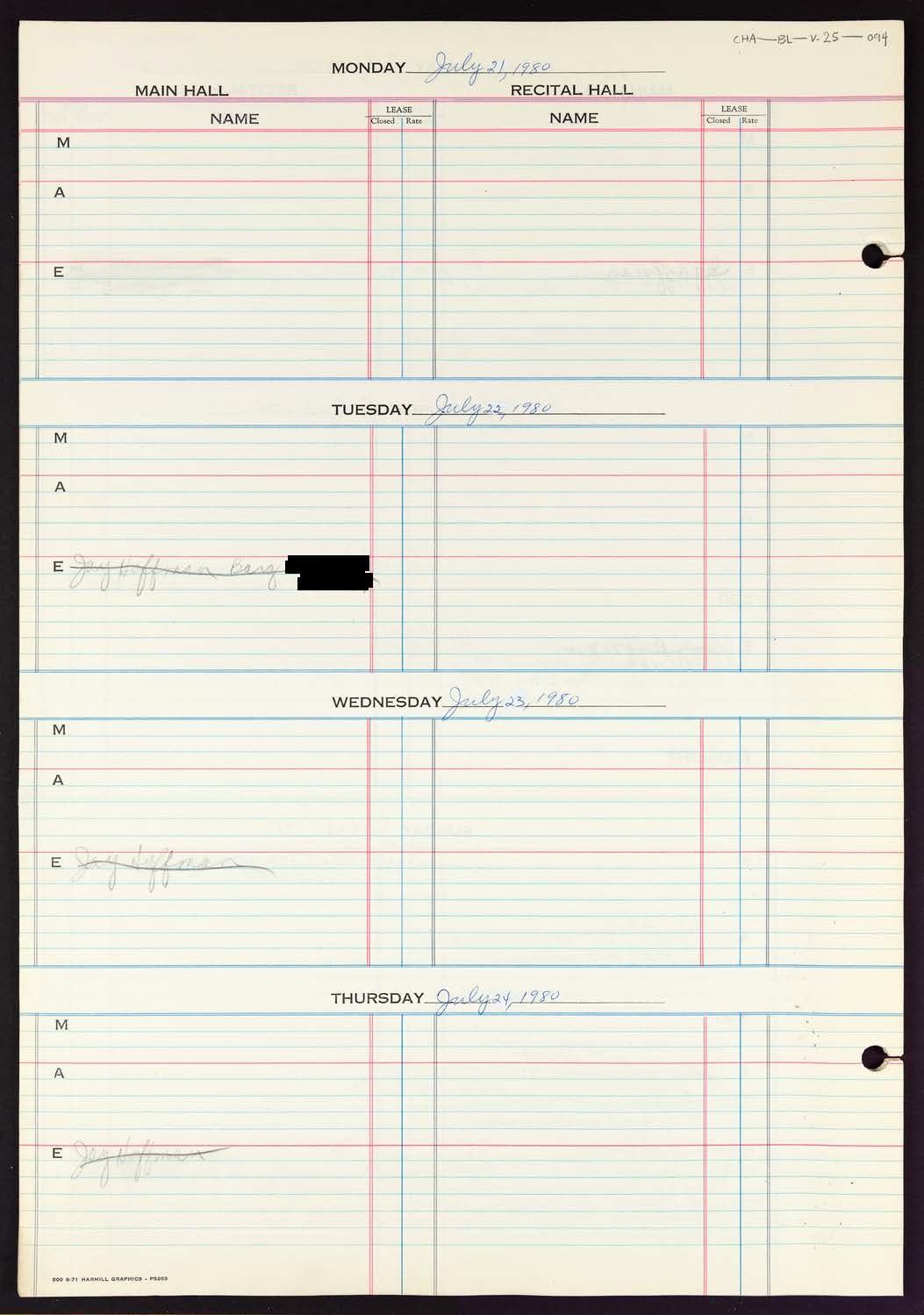 Carnegie Hall Booking Ledger, volume 25, page 94