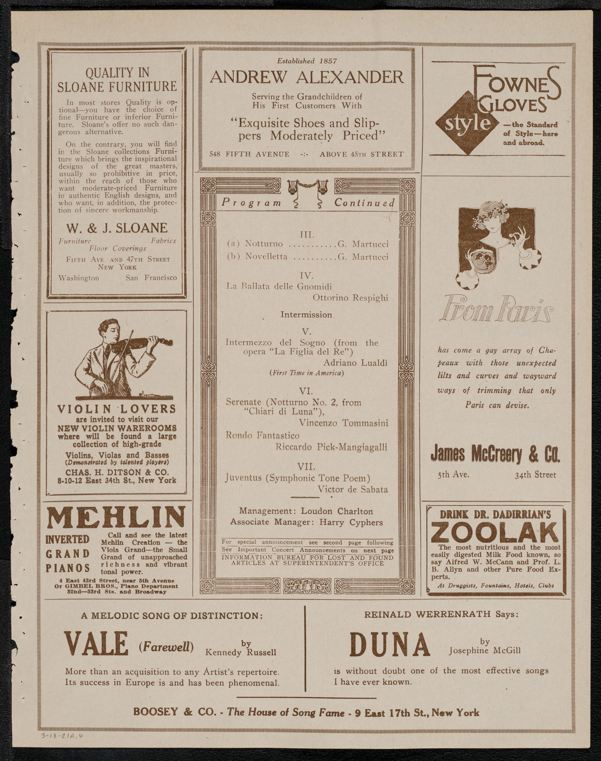 La Scala Orchestra, March 18, 1921, program page 7