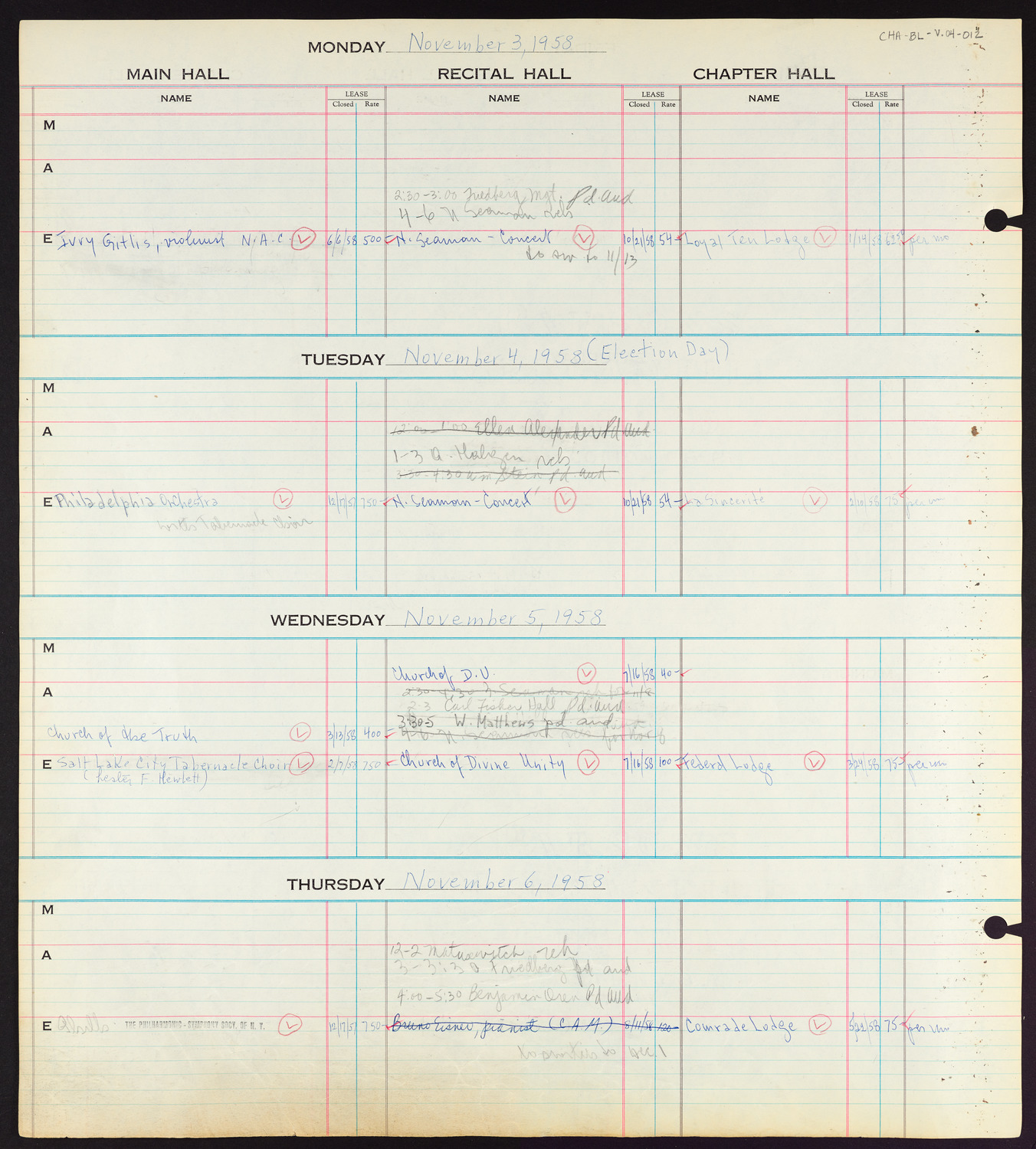 Carnegie Hall Booking Ledger, volume 4, page 12