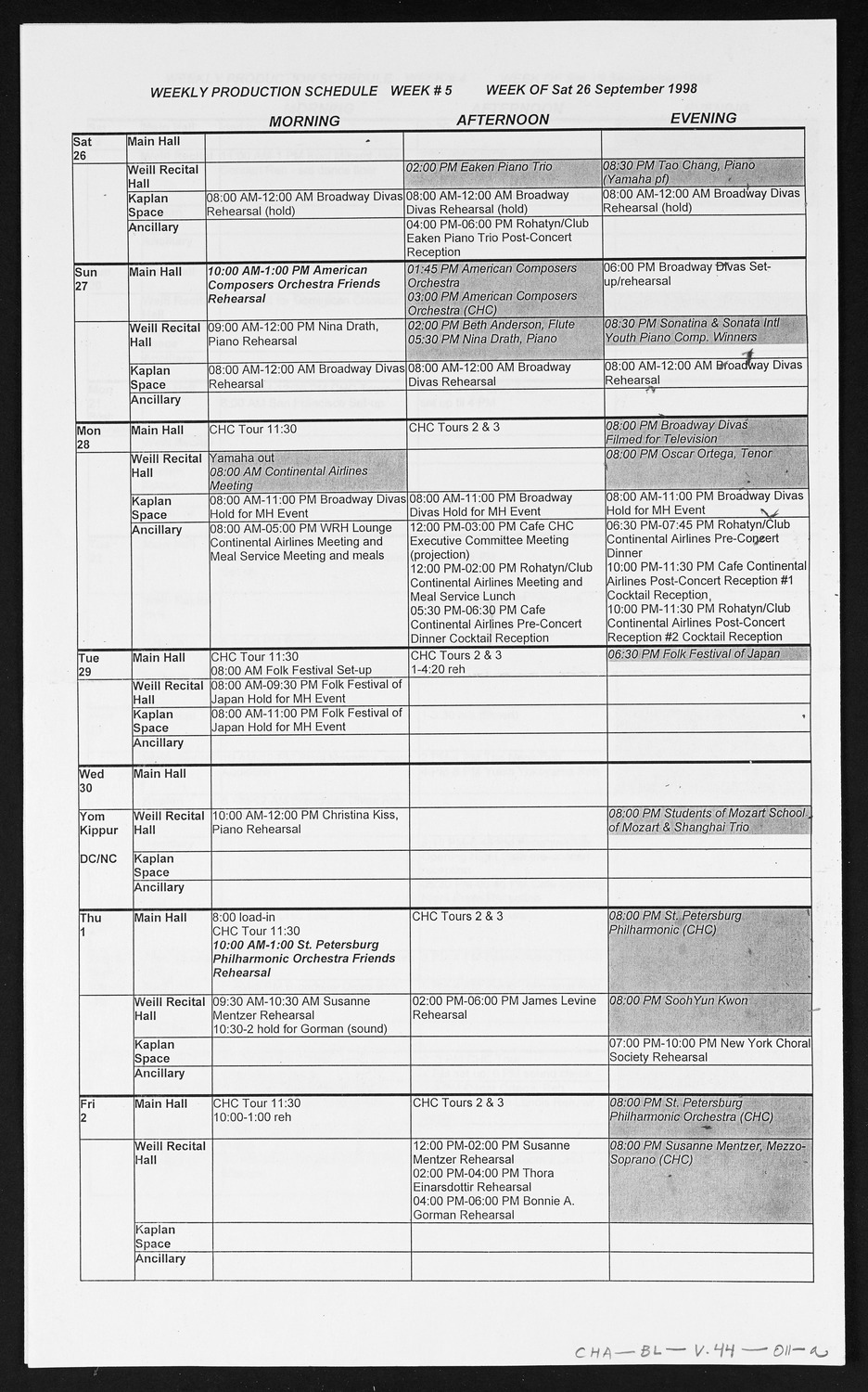 Carnegie Hall Booking Ledger, volume 44, page 11a