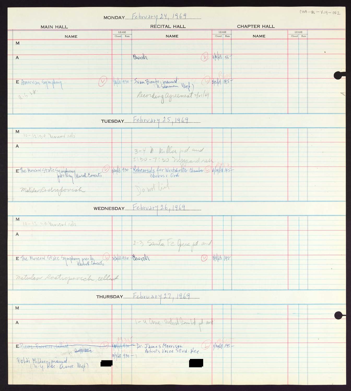 Carnegie Hall Booking Ledger, volume 14, page 52