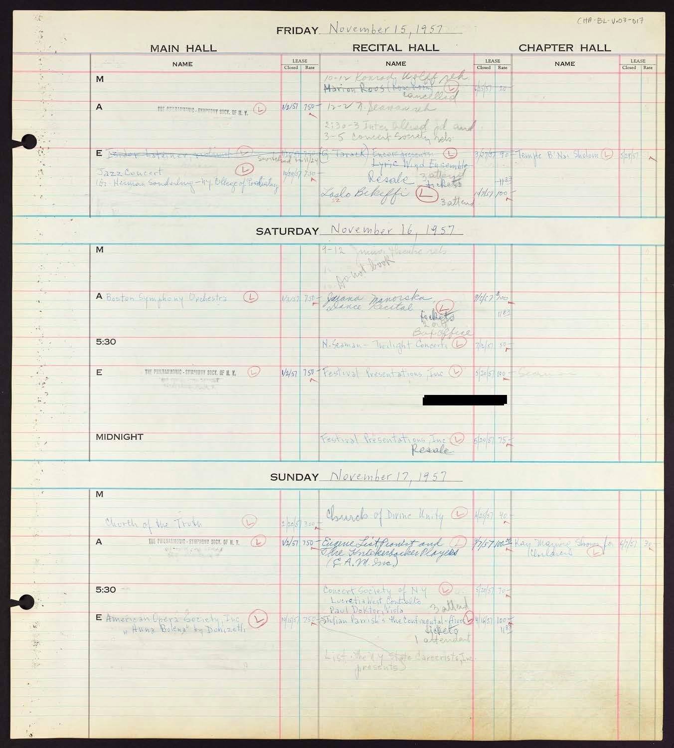 Carnegie Hall Booking Ledger, volume 3, page 17