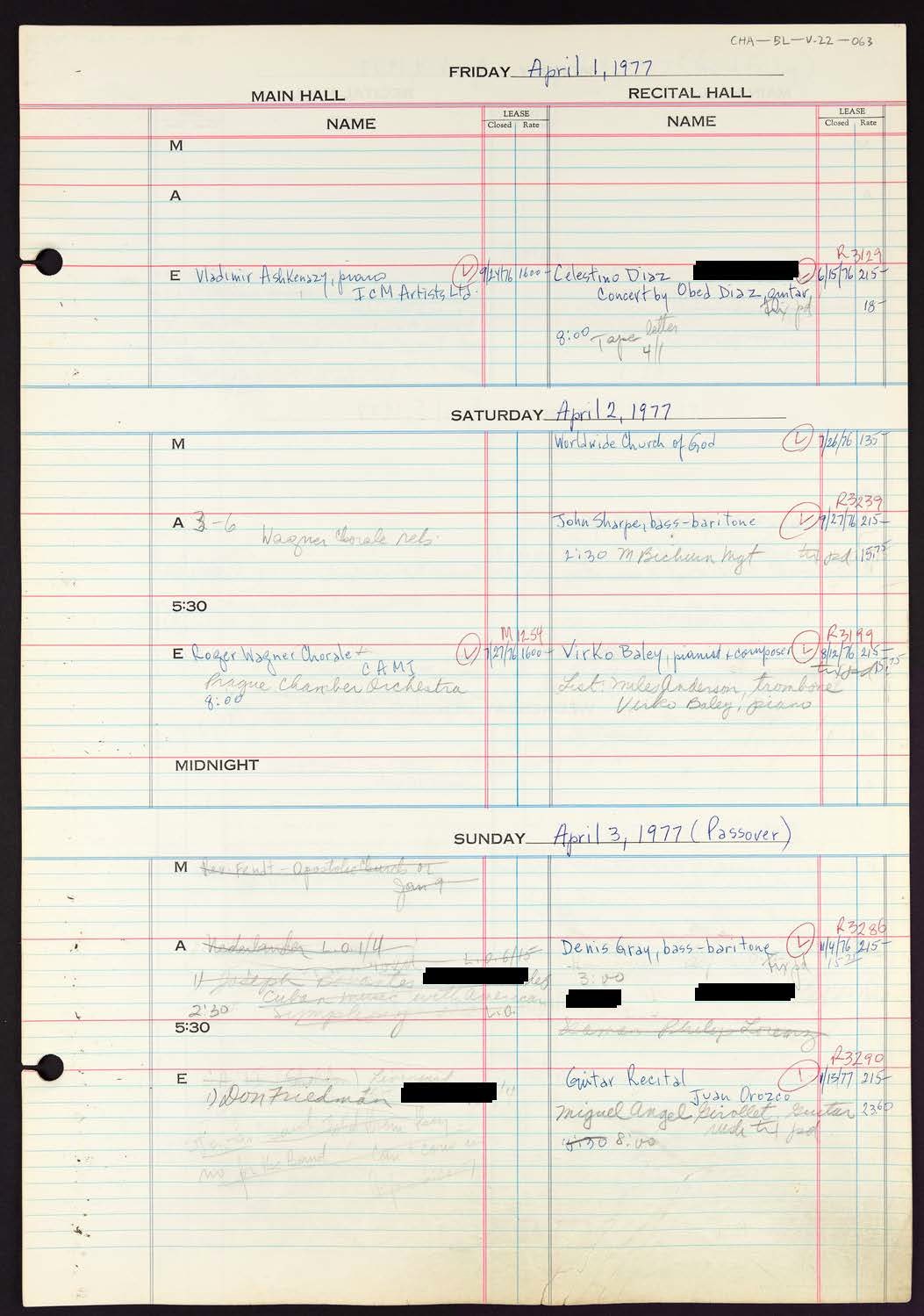 Carnegie Hall Booking Ledger, volume 22, page 63