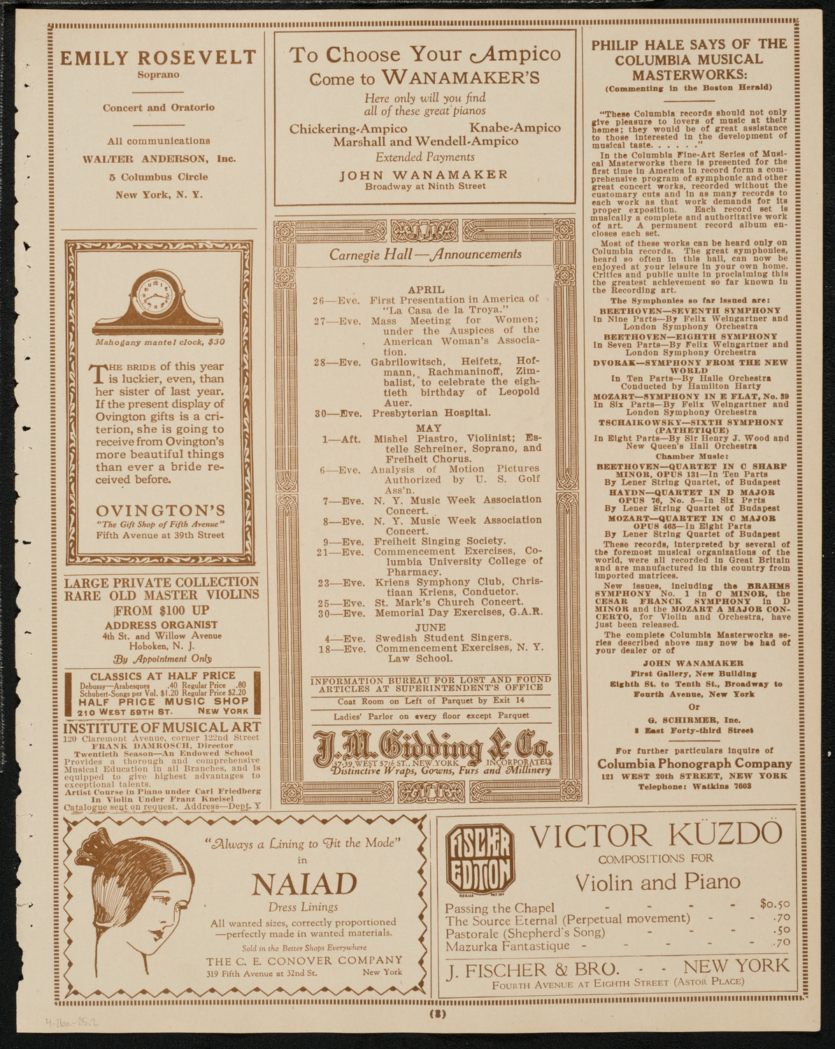 Mischa Elman, Violin, April 26, 1925, program page 3