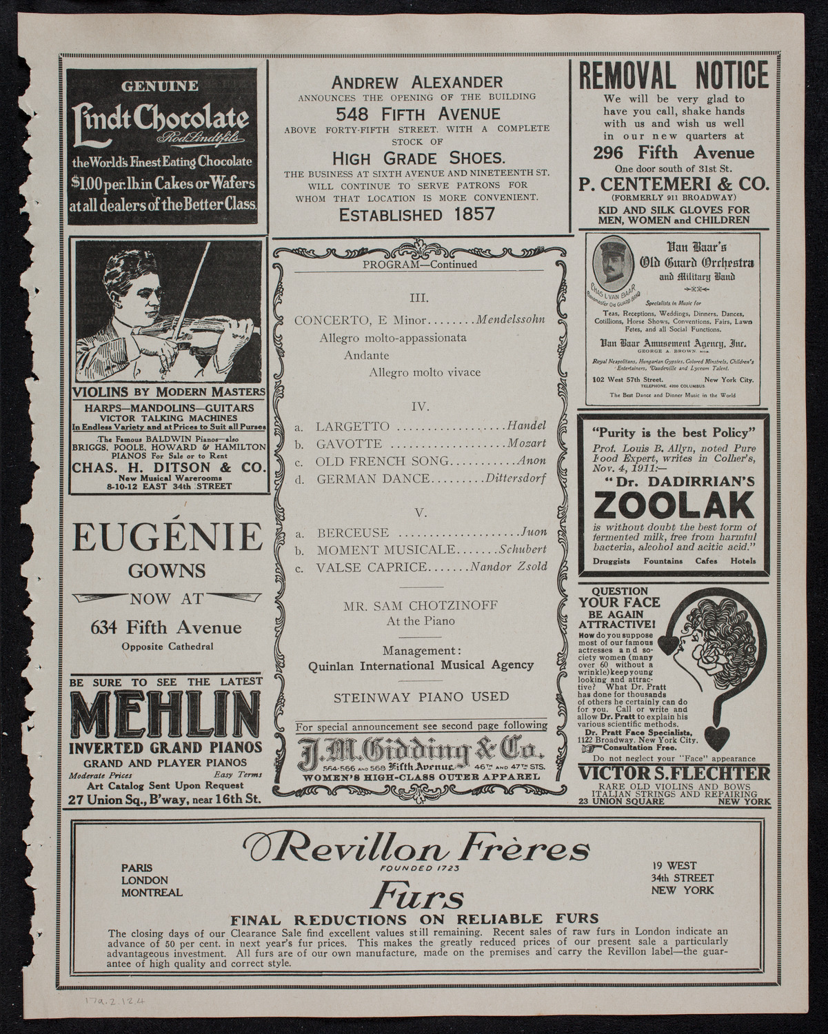 Efrem Zimbalist, Violin, February 17, 1912, program page 7
