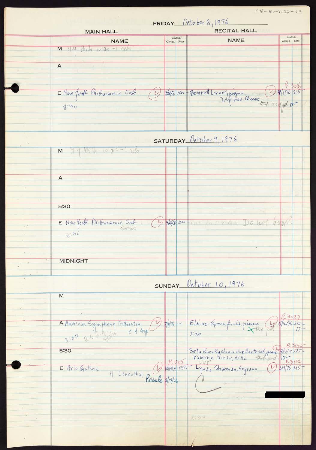 Carnegie Hall Booking Ledger, volume 22, page 13