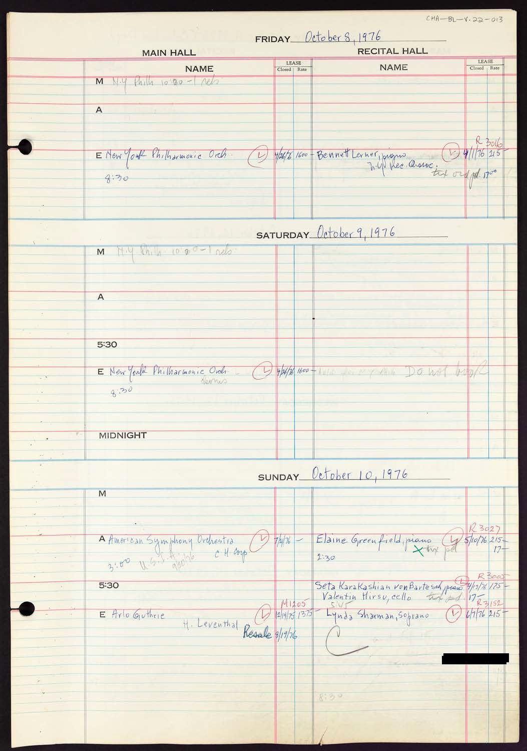 Carnegie Hall Booking Ledger, volume 22, page 13