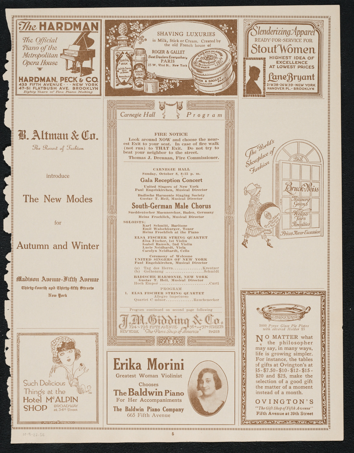 Gala Reception Concert: South-German Male Chorus and others, October 8, 1922, program page 5