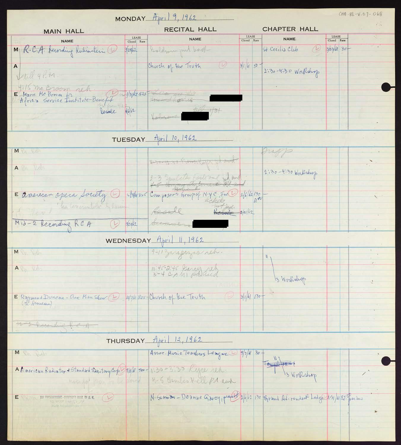 Carnegie Hall Booking Ledger, volume 7, page 68