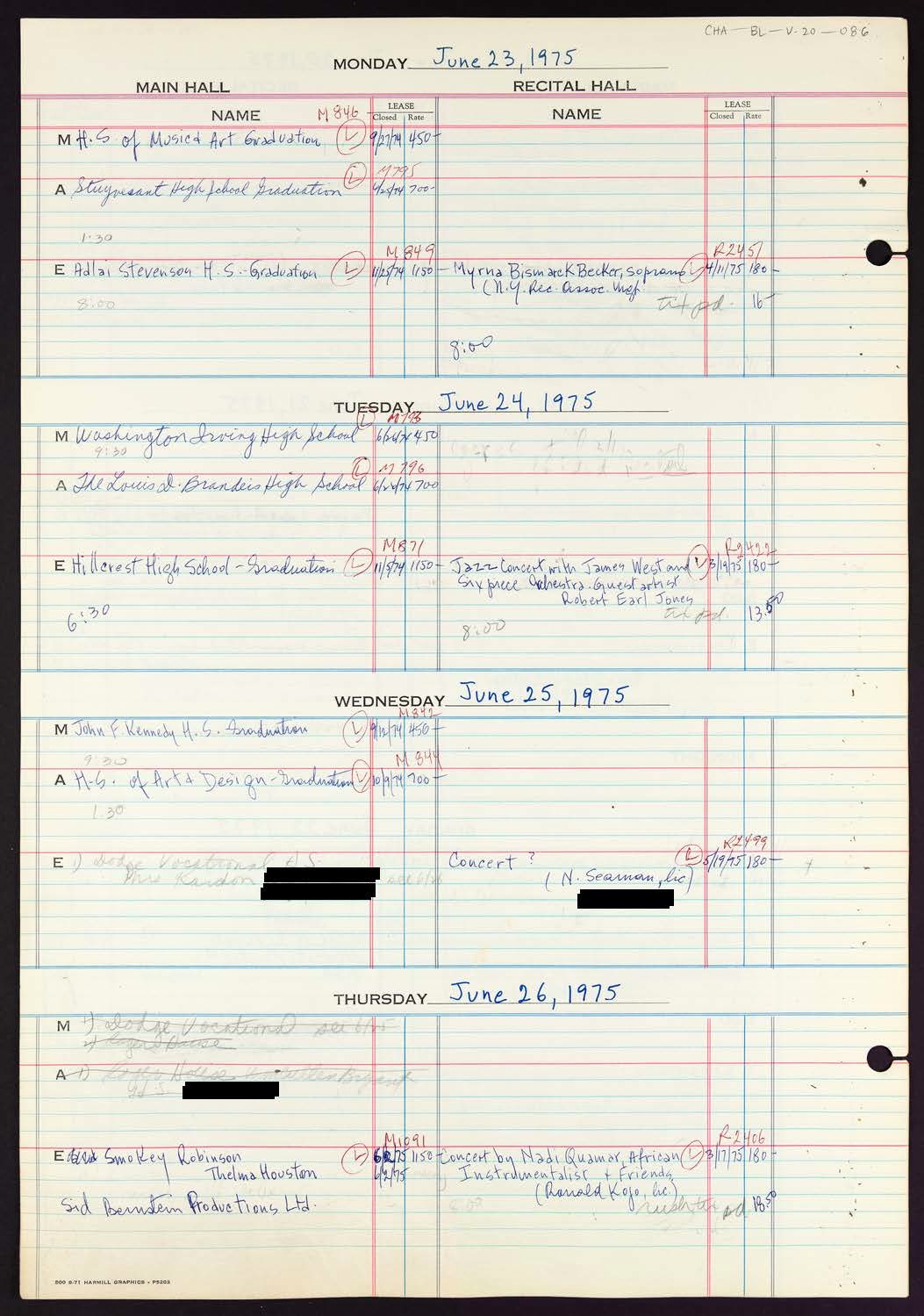 Carnegie Hall Booking Ledger, volume 20, page 86