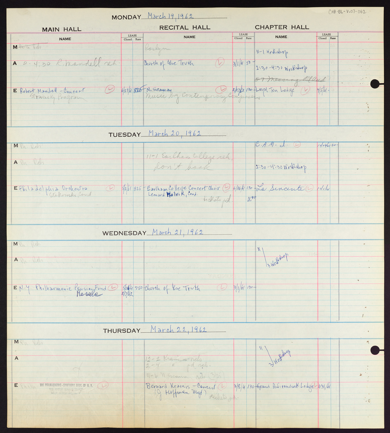 Carnegie Hall Booking Ledger, volume 7, page 62