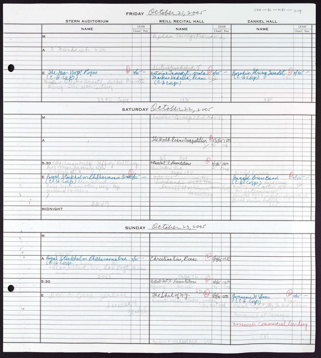 Carnegie Hall Booking Ledger, volume 51, page 19