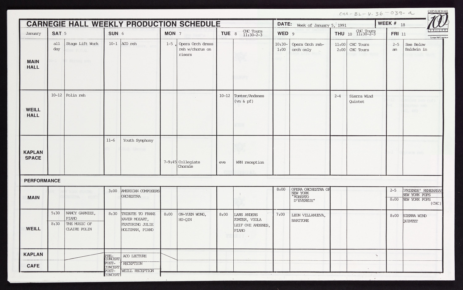 Carnegie Hall Booking Ledger, volume 36, page 39a