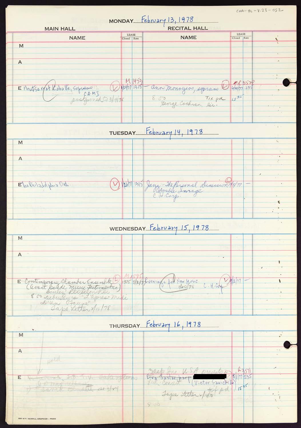 Carnegie Hall Booking Ledger, volume 23, page 52