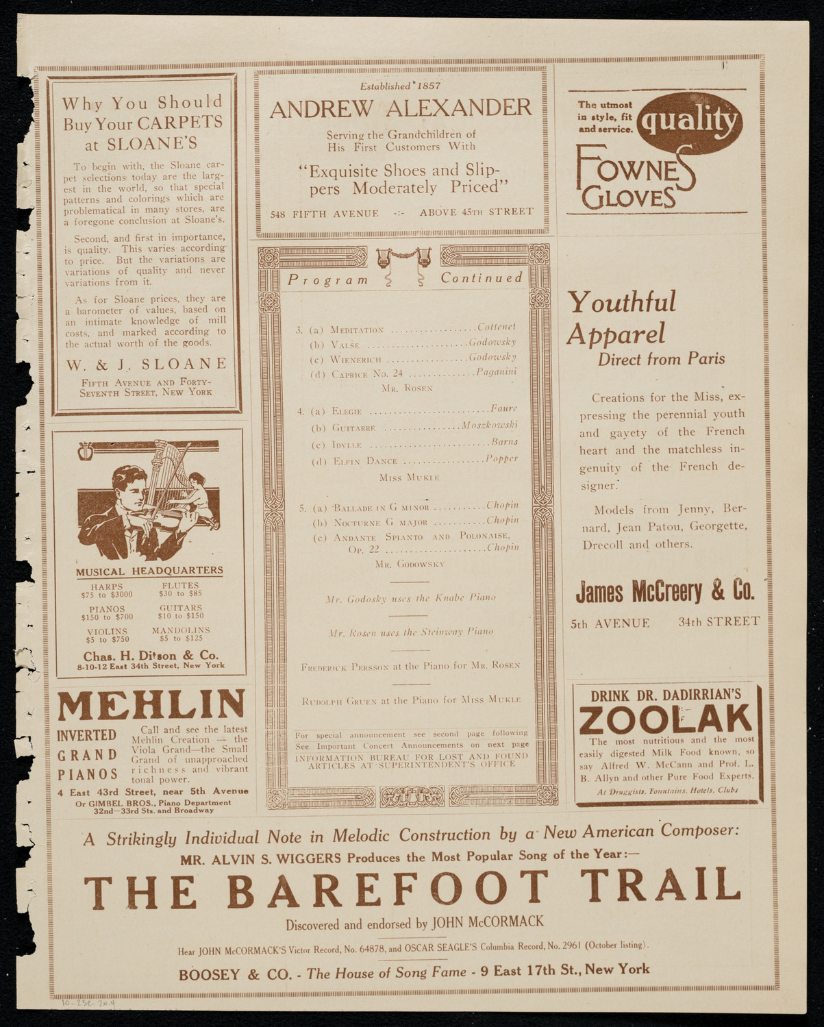 Leopold Godowsky, Piano, Max Rosen, Violin, and May Mulke, Cello, October 23, 1920, program page 7